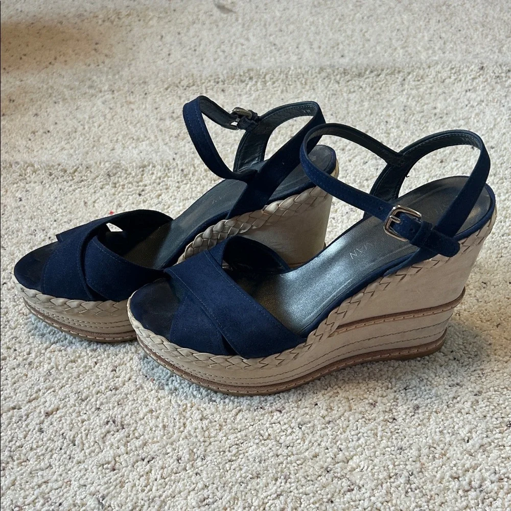 Stuart Weitzman Navy Blue Espadrille Wedge Sandals